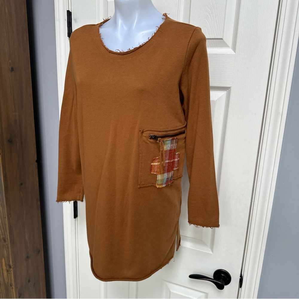LOST PETAL LINENS Western Cross Zip Pocket Long sweatshirt dress sz M L